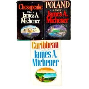 3 James A. Michener Hardcover Books Poland Chesapeake Caribbean Vintage